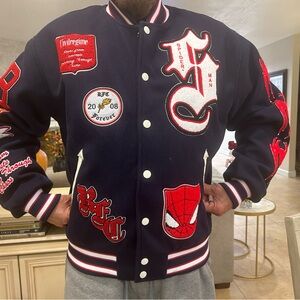 Civil Regime Navy and Red Varsity Jacket with Spider-Man Patches